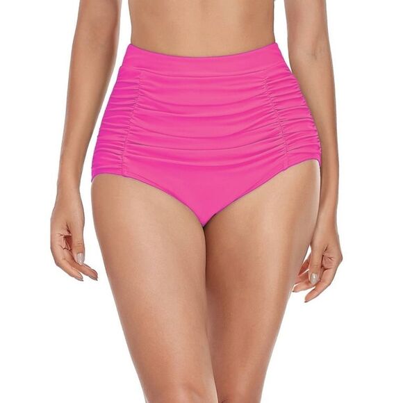 NWT RELLECIGA Swimsuit Neon Rose High Waisted Ruched Bikini Bottom Size S - Picture 4 of 12
